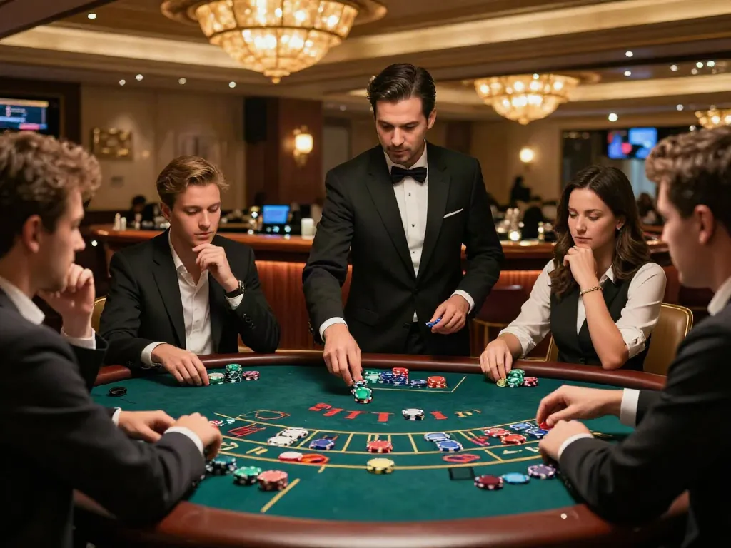 Table de blackjack en ligne animée avec joueurs concentrés et croupier professionnel, ambiance de casino chic.