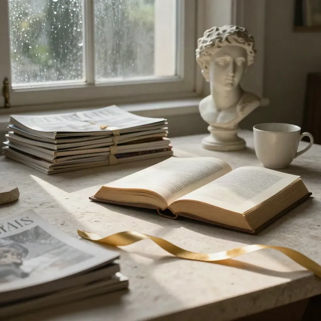 Livres, buste en plâtre et tasse sur une table de pierre, lumière dorée après la pluie.