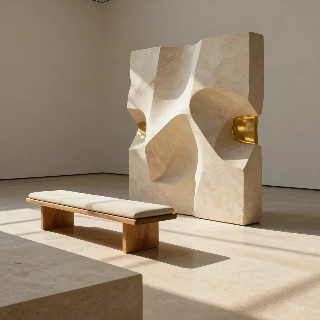Galerie de musée contemporaine, sculpture abstraite claire, banc vide et ombre géométrique au sol.