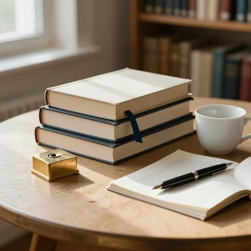 Table ronde de bibliothèque avec essais, tasse, stylo et page soulevée par l’air.