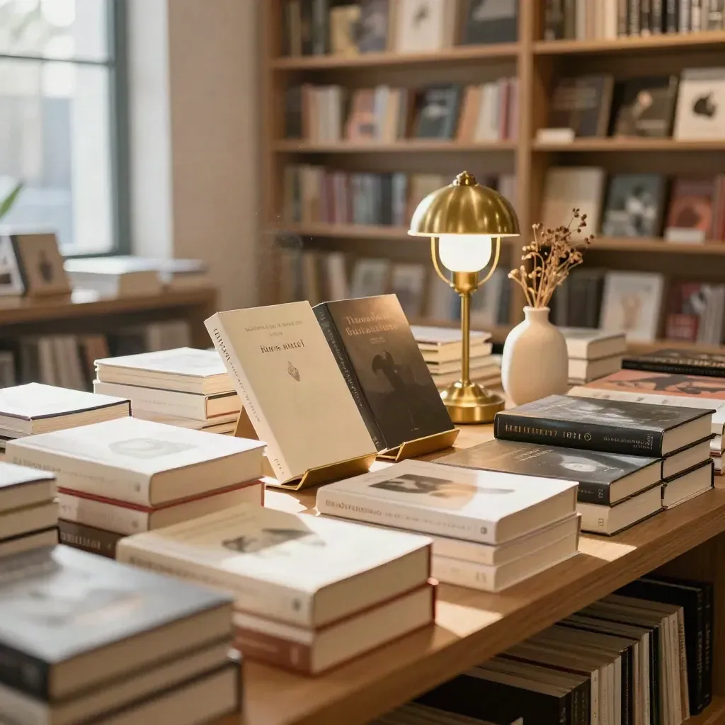 Table de librairie avec nouveautés, lampe en laiton et bouquet sec, lumière du matin.