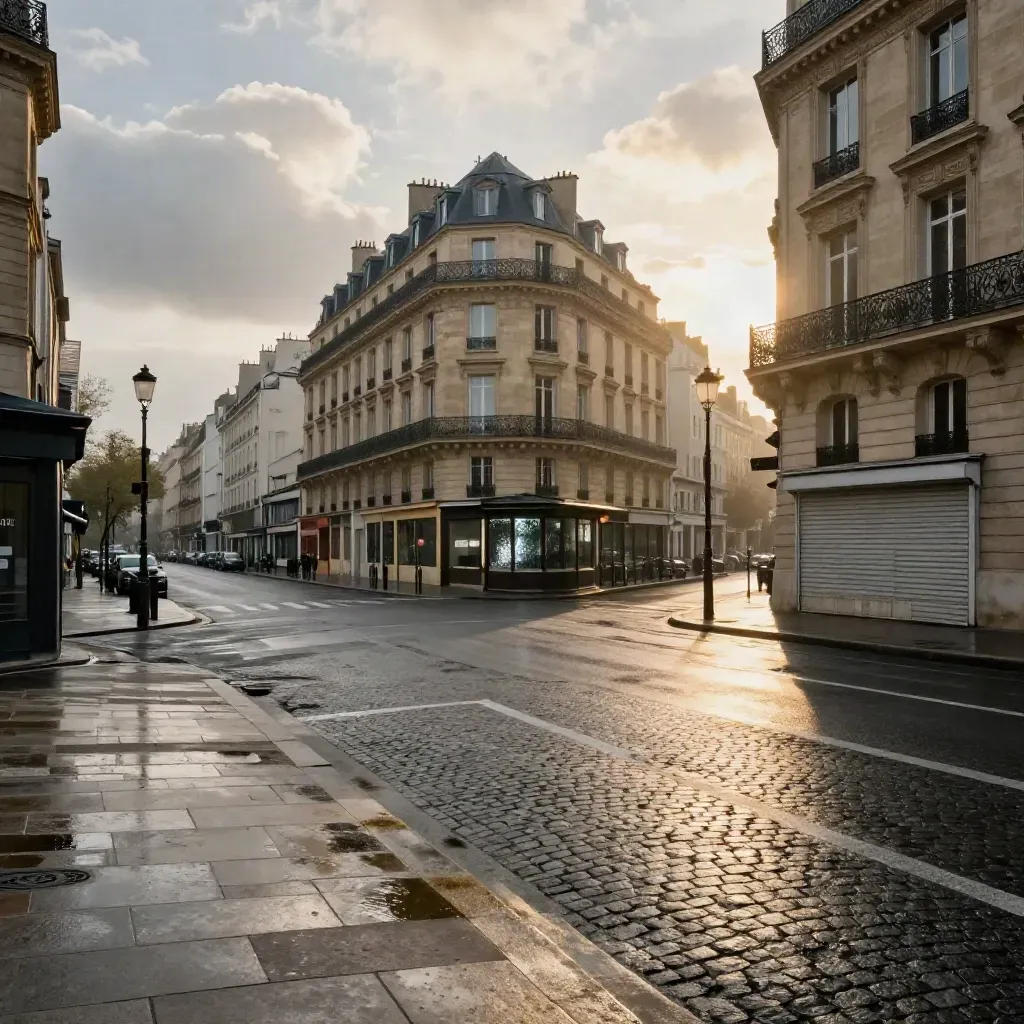 Carrefour parisien mouillé, façades haussmanniennes et kiosque fermé sous une lumière douce.