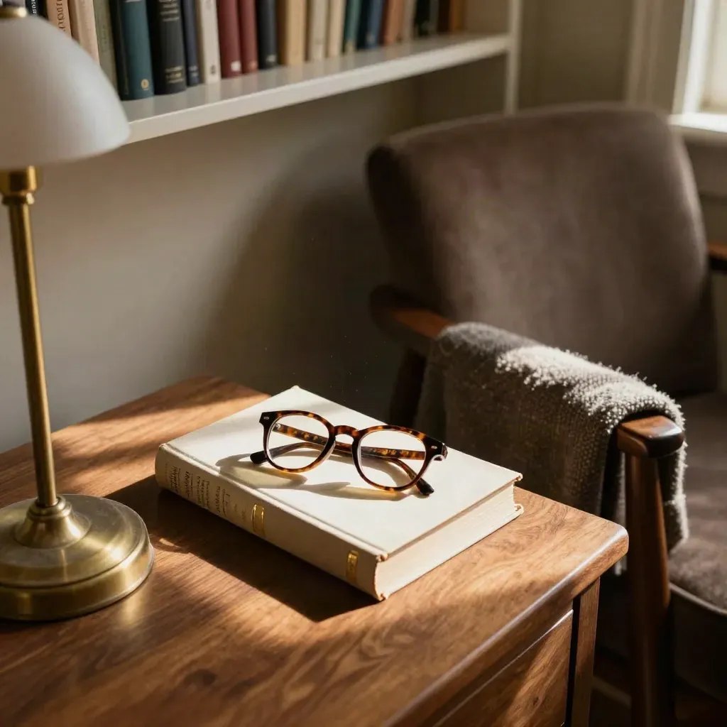 Chaise de lecture, roman fermé, lunettes et plaid près d’une bibliothèque, lumière d’après-midi.