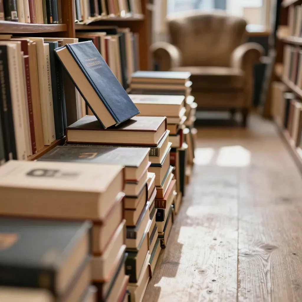 Allée de librairie étroite avec piles de philosophie et fauteuil club flou au fond.