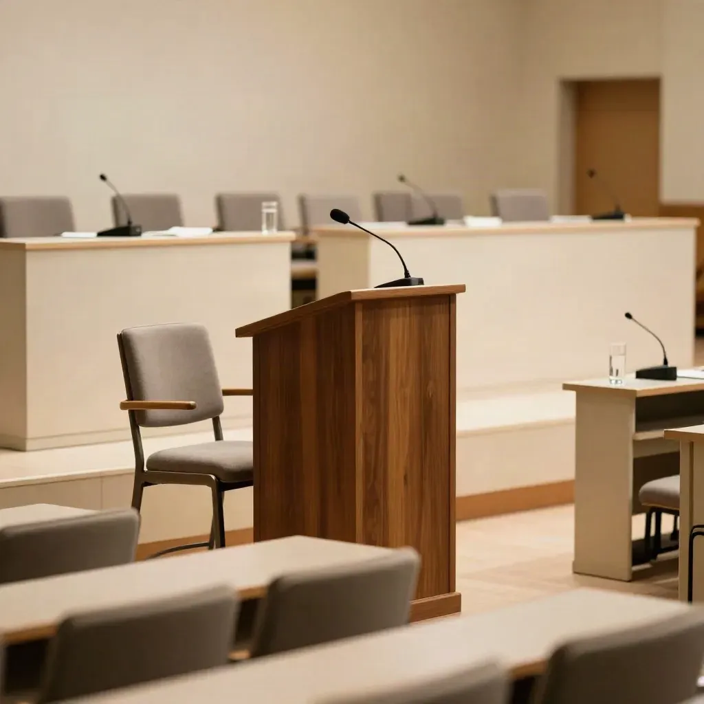 Salle de débat vide, pupitre, chaises de travers, carafe d’eau et micros flous, lumière douce.