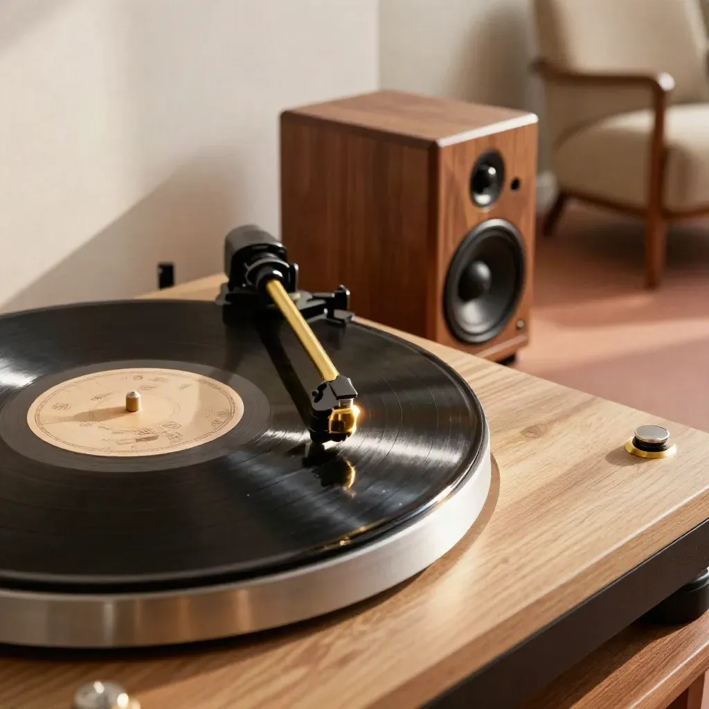Tourne-disque en noyer, vinyles empilés, enceinte en bois et fauteuil bas dans une lumière chaude.