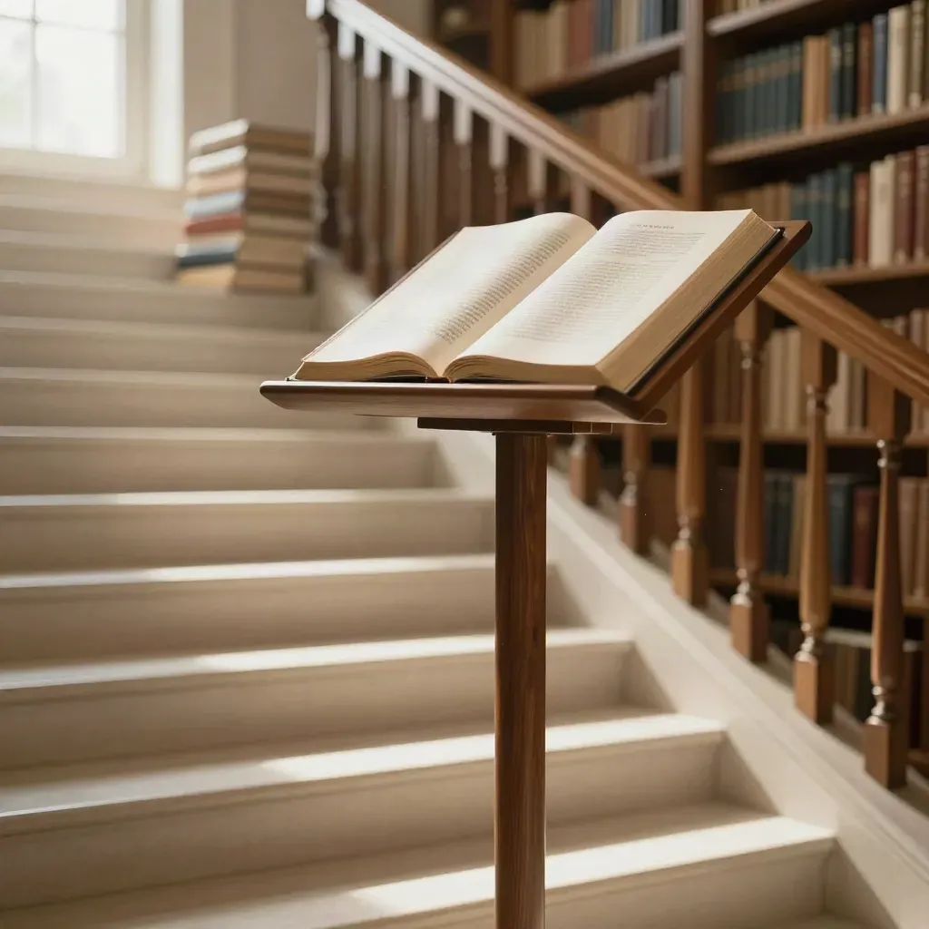 Grand livre ouvert sur un lutrin en haut d’un escalier de bibliothèque, lumière du matin.