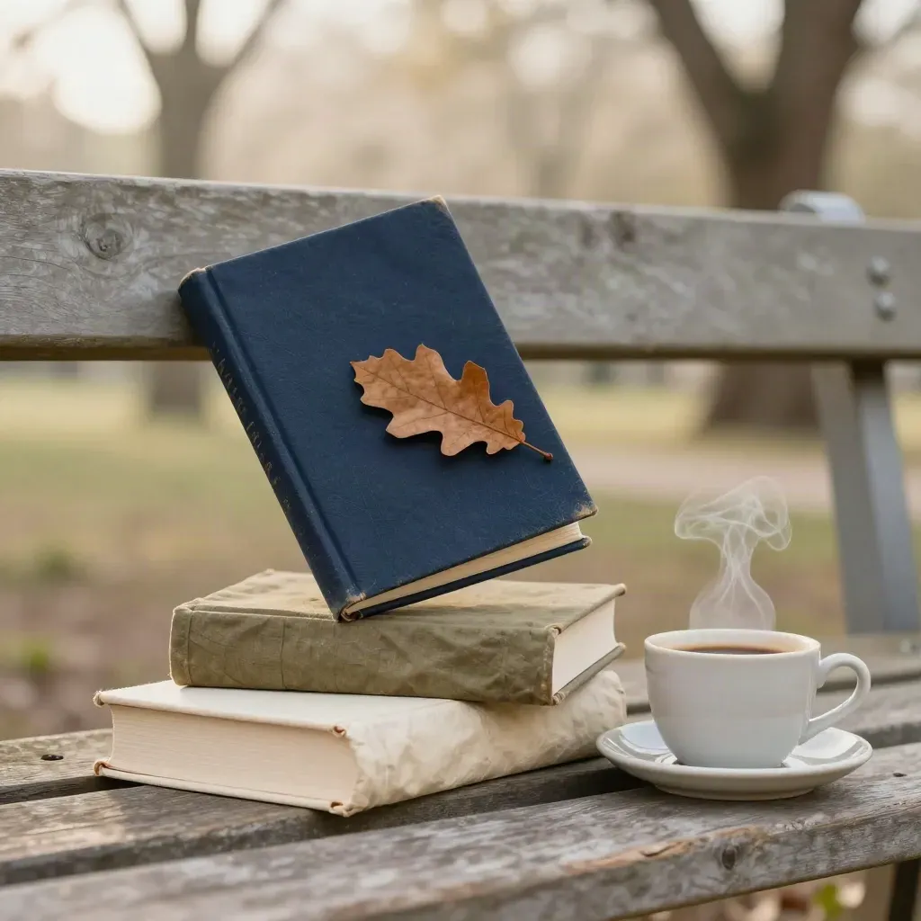 Trois livres d’essais sur un banc, un café et une feuille de chêne soulevés par le vent.