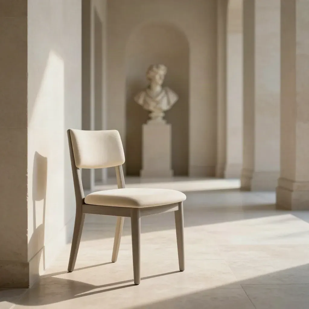 Couloir de musée avec chaise moderne, buste classique flou au fond et ombre diagonale sur pierre claire.