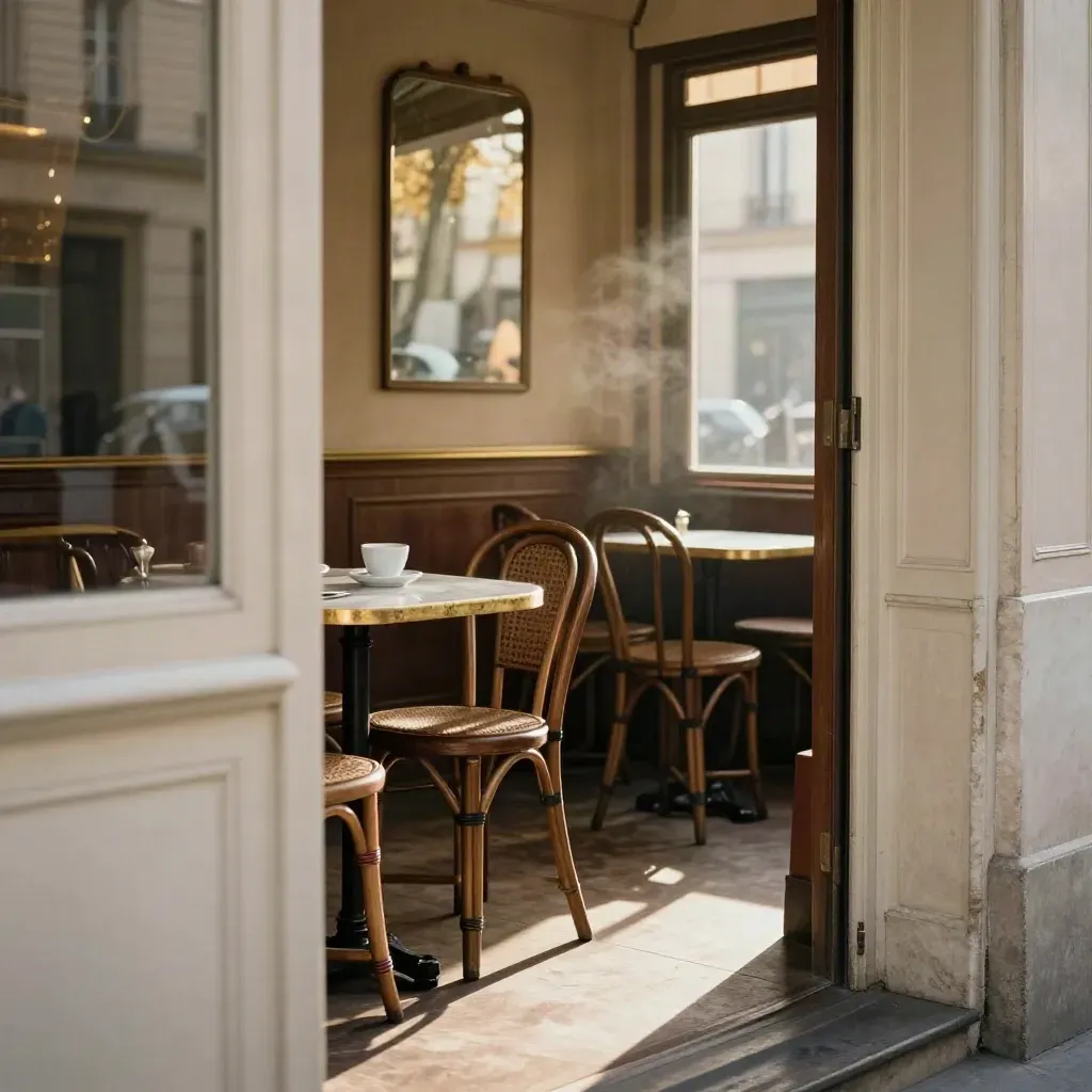 Intérieur d’un café parisien à l’aube, chaises empilées, miroir terni et tasse sur marbre.