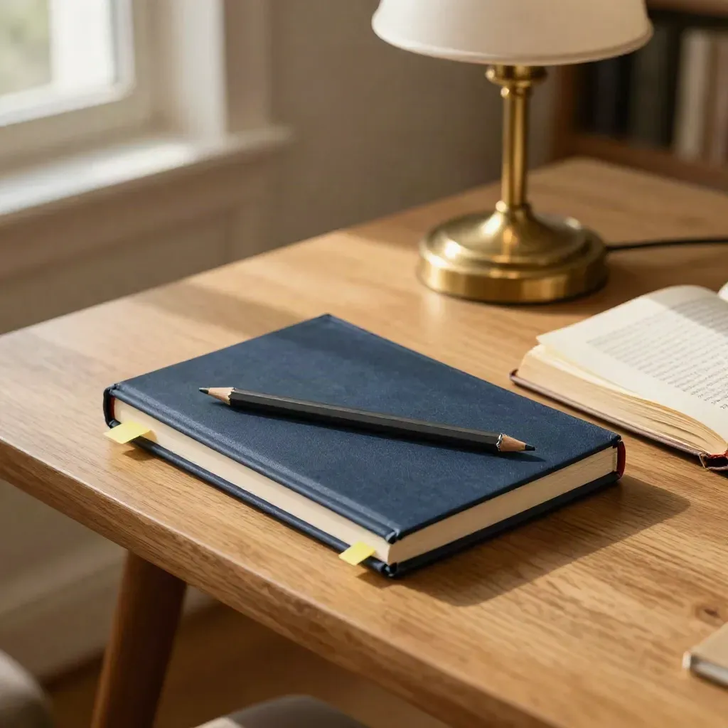 Carnet bleu nuit, onglets colorés et lampe sur table en bois, lumière douce du matin.