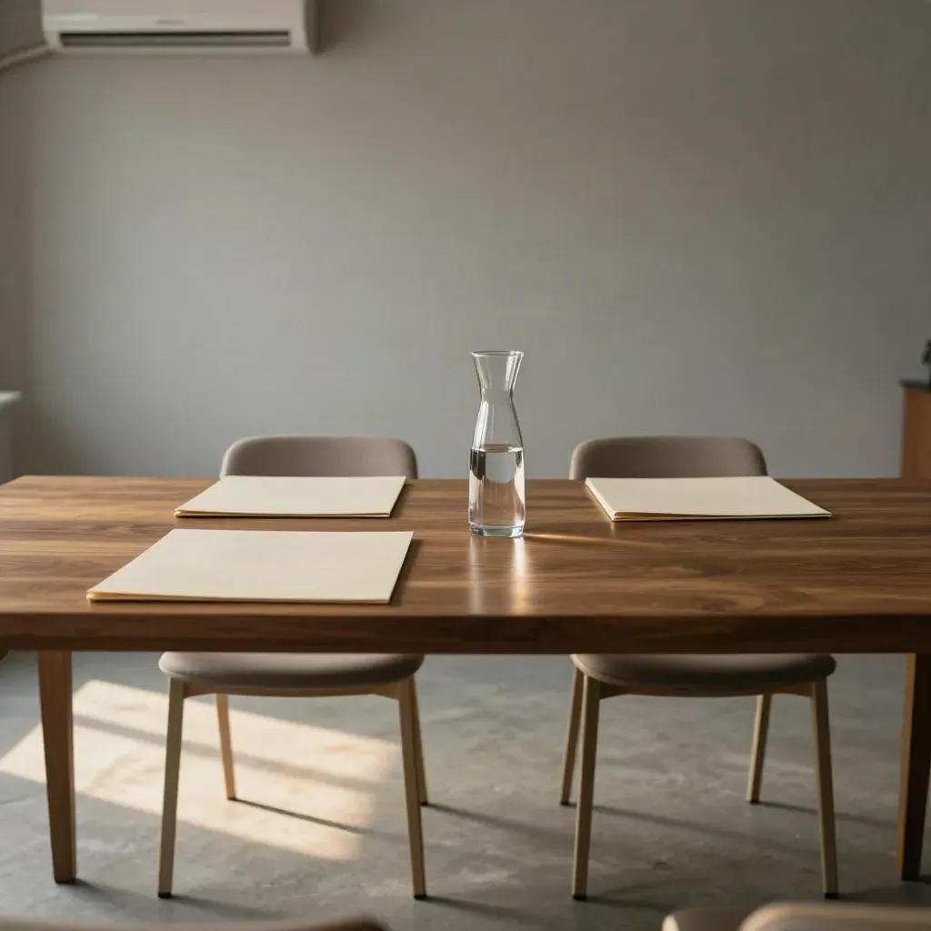 Table de réunion sobre, dossiers fermés, carafe d’eau et deux chaises dans une lumière douce.