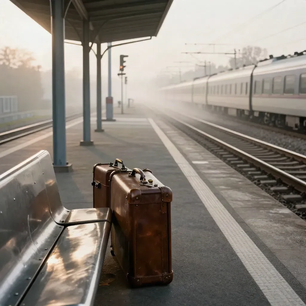 Quai de gare au petit jour, valises, banc métallique, rails fuyants et brume après le départ d’un train.