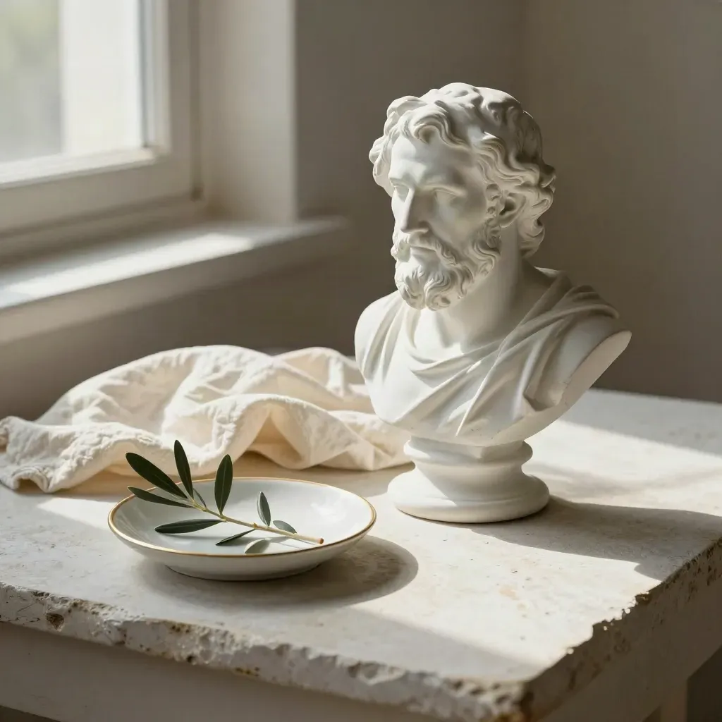 Buste de Socrate en plâtre, linge ivoire et coupelle en grès sur pierre claire.
