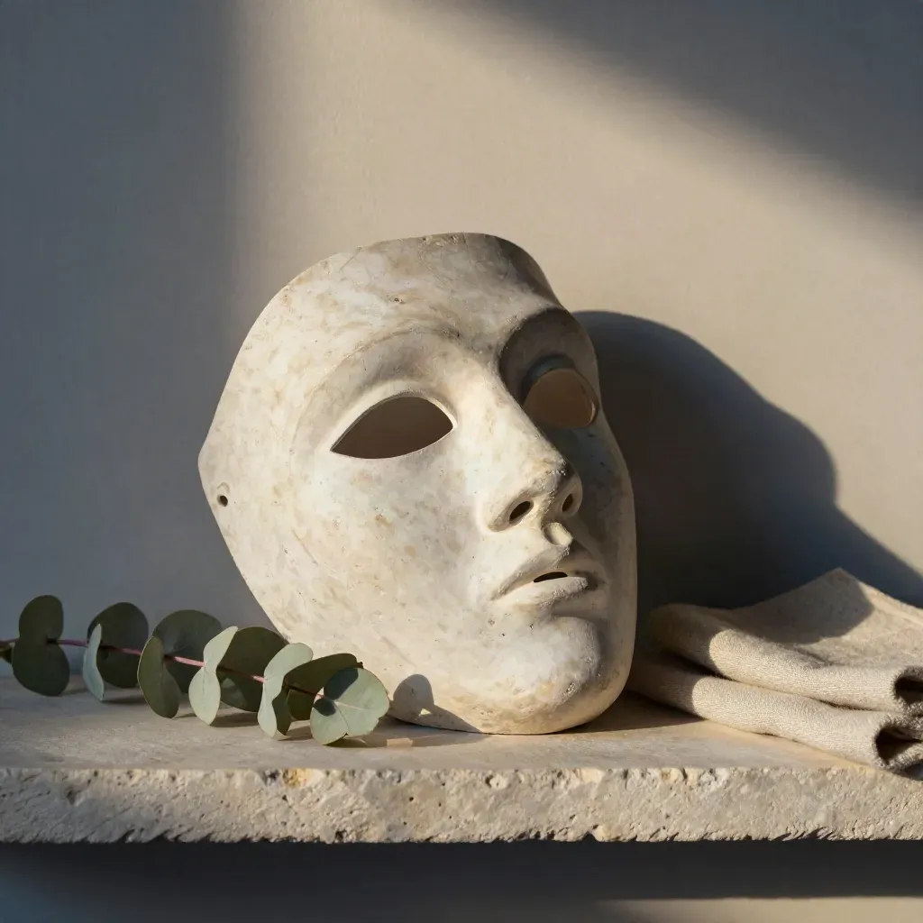 Masque de théâtre en plâtre, eucalyptus et lin naturel sur une étagère en pierre.