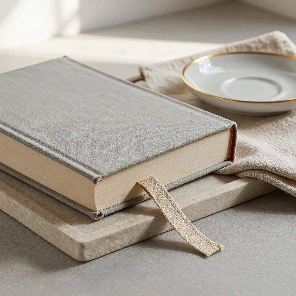 Livre toile, marque-page en tissu et soucoupe de céramique sur plateau de pierre.